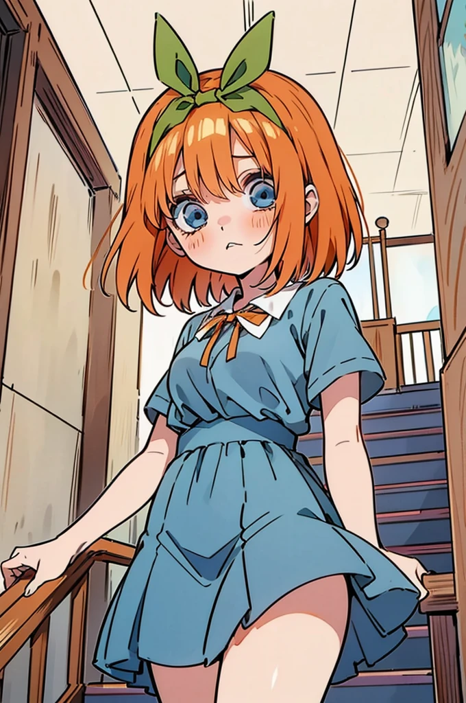 Yotsuba nakano, comind down the stairs, looking down,, yotsuba going downstairs, (1 girl, solo, alone), , sfw, nakano_yotsuba, blue eyes, indigo eyes, aayotsuba, short orange hair, yotsuba from The Quintessential Quintuplets, masterpiece, 4k, ultradetailed, cowboy shot, short orange hair, green ribbon, hair ribbon, blue eyes, innocent, pure, tender, frightened, terrified face