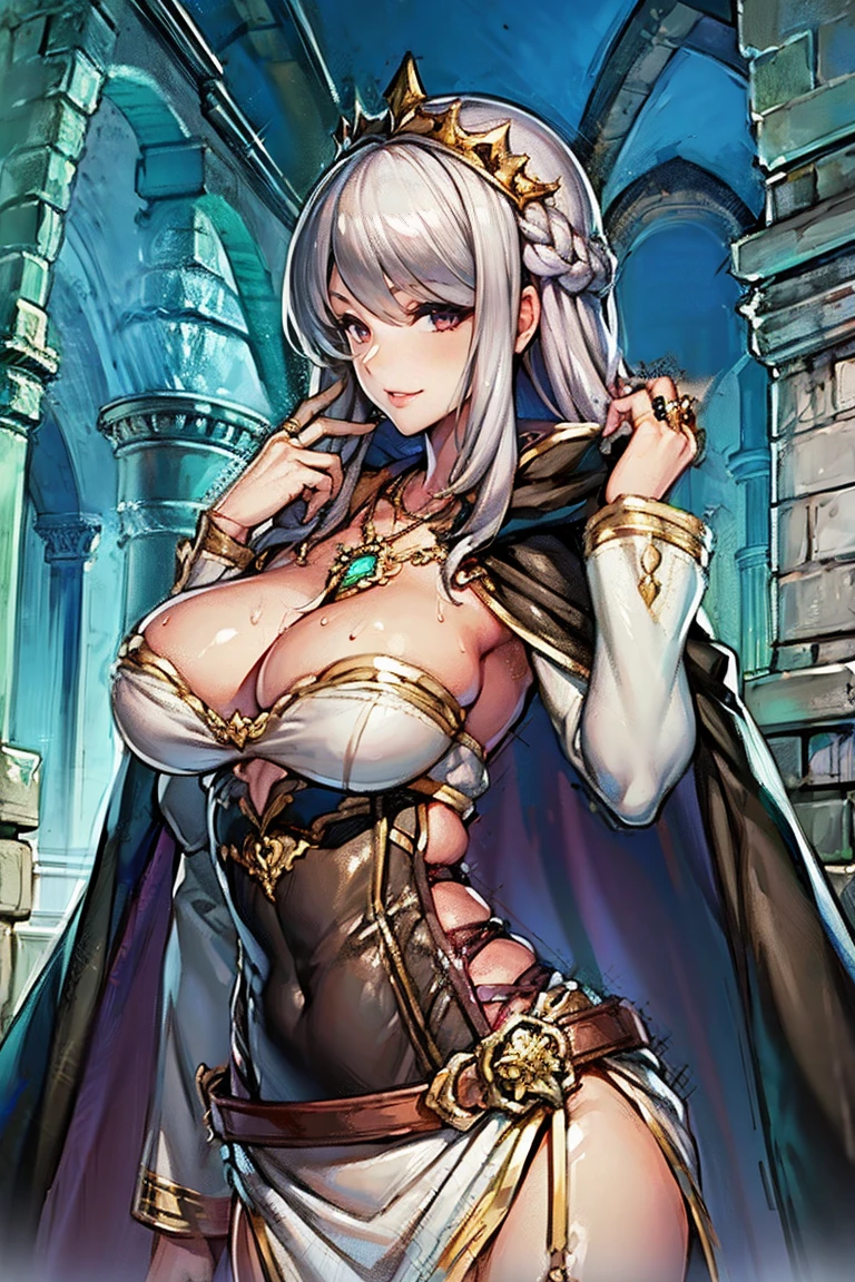 (masterpiece, best quality:1.2), 1girl, solo, tiara, silver hair, red eyes, cleavage, (30 years old) , woman, long hair, beautiful, masterwork, ultra high res, ultra detailed, super fine illustration, cg unity 8k wallpaper, perfect eyes, ultra detailed beautiful face, perfect hands, adult, (((black cape))), gleaming skin, oil skin, shiny skin, sweat, lips, crown braid, jewelry, necklace, long sleeves, ring, covered navel, lips, dress, belt, sarong skirt, (((corset))), cowboy shot, 