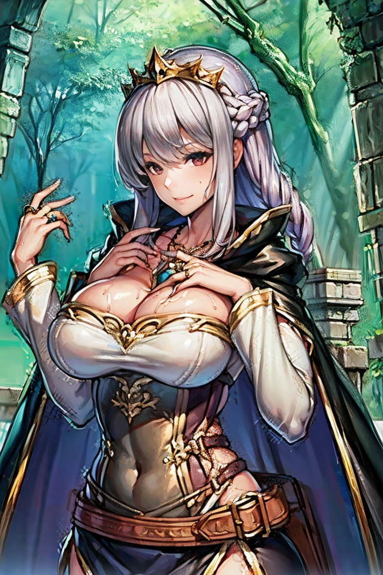 (masterpiece, best quality:1.2), 1girl, solo, tiara, silver hair, red eyes, cleavage, (30 years old) , woman, long hair, beautiful, masterwork, ultra high res, ultra detailed, super fine illustration, cg unity 8k wallpaper, perfect eyes, ultra detailed beautiful face, perfect hands, adult, (((black cape))), gleaming skin, oil skin, shiny skin, sweat, lips, crown braid, jewelry, necklace, long sleeves, ring, covered navel, lips, dress, belt, sarong skirt, (((corset))), cowboy shot, 