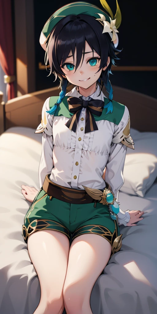 masterpiece, best quality, highly detailed, illustration, realistic, photo-realistic, absurdres, athletic, 1boy, venti (genshin impact), multicolored hair, hat, twin braids, hair between eyes, detailed eyes, , slim, young boy, age boy, green clothes, sleeves, thin thighs, shorts, looking at viewer, (lying on bed), (smirk), (hands behind back), Dark Fantasy background, Studio Lighting, depth of field