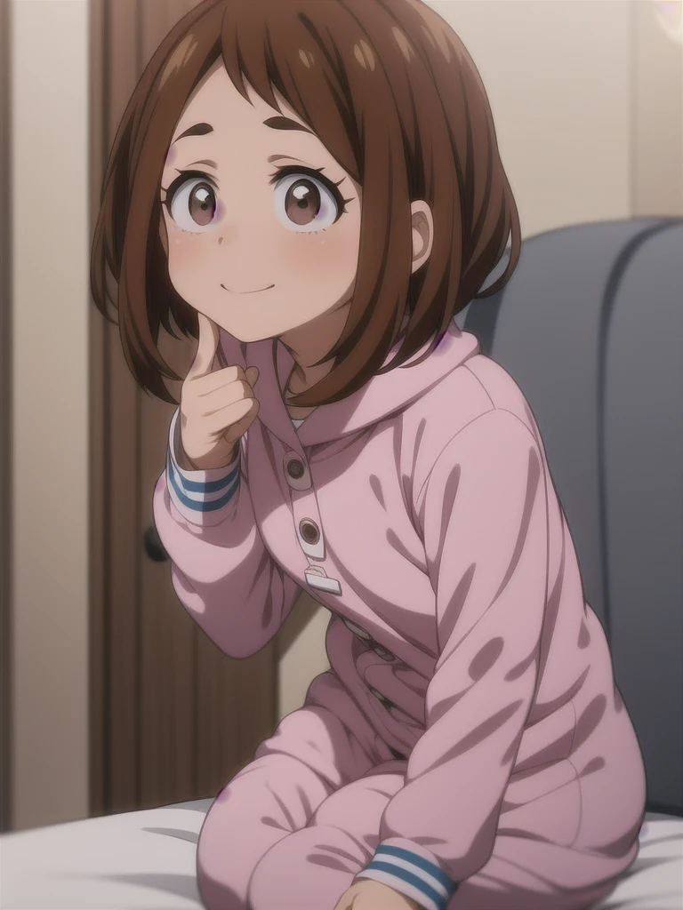 Ochaco Uraraka, wearing pajamas, nice environment, super detailed, high quality