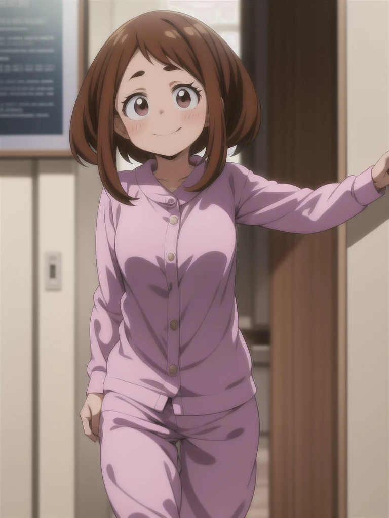 Ochaco Uraraka, wearing pajamas, nice environment, super detailed, high quality
