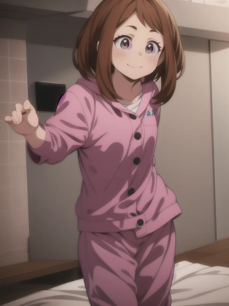 Ochaco Uraraka, wearing pajamas, nice environment, super detailed, high quality