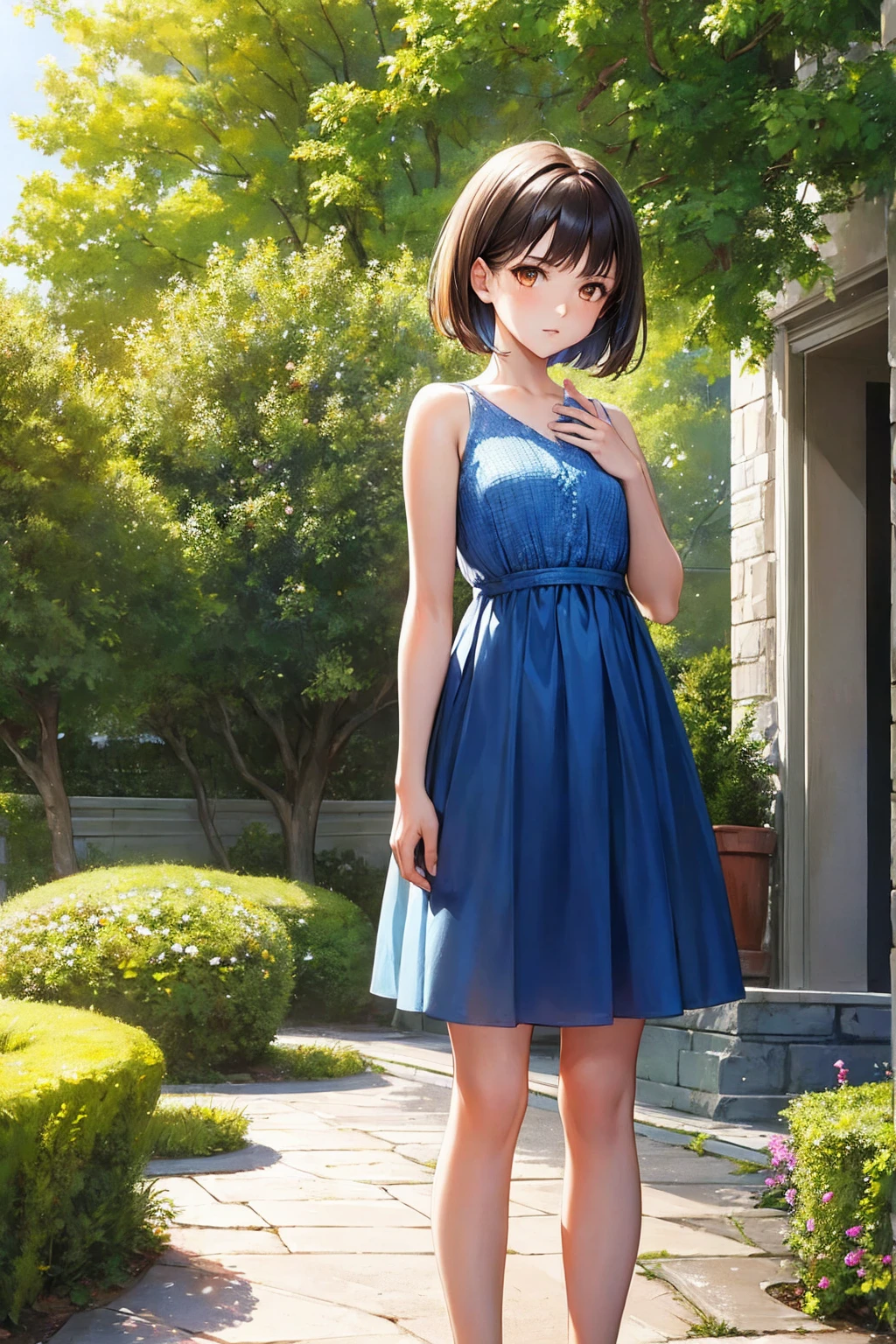 Masterpiece,stunning realistic, best quality, sharpness, 1 girl,15 years old,very short hair,brown hair,(straight hair:1),orange eyes,(arms behind back:1),standing in a garden,blue summerdress, 