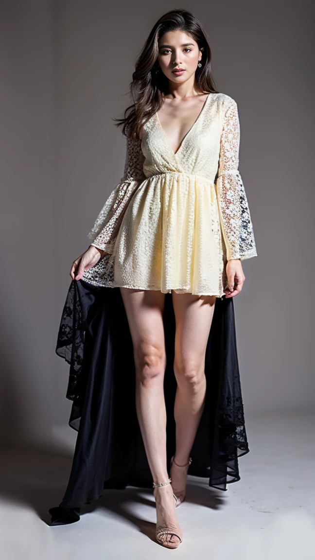 Highest quality,masterpiece,Ultra-high resolution,(Actual:1.4),Original photo,Ultra-high resolution,8K,There are also women,Fair skin、Transparent white lace mini dress,High heels,Long legs:1.5,Bright and beautiful,high waist,Flashy makeup using red eyeshadow,Gray background,