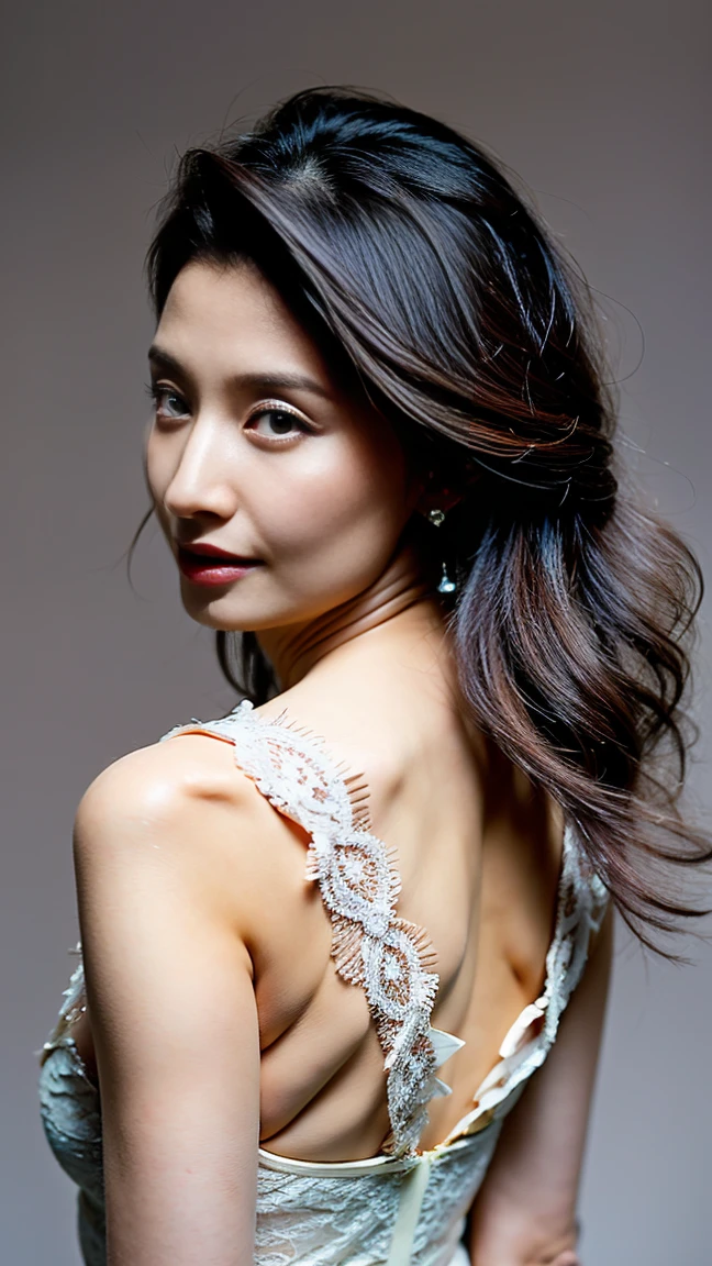 Highest quality,masterpiece,Ultra-high resolution,(Actual:1.4),Original photo,Ultra-high resolution，8K，There are also women，Fair skin、Transparent white lace mini dress，High heels，Long legs:1.5，Bright and beautiful，high waist，Flashy makeup using red eyeshadow，Gray background，