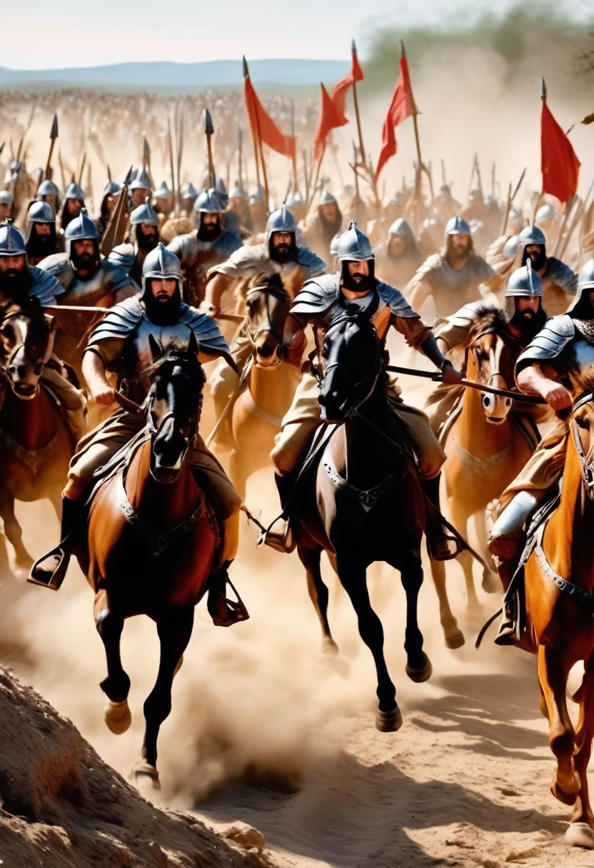 Hyper realistic war scene from biblical times, in this scenario show the defeated army retreating with a terrified expression on their faces, running away from the victorious warriors of the battle.