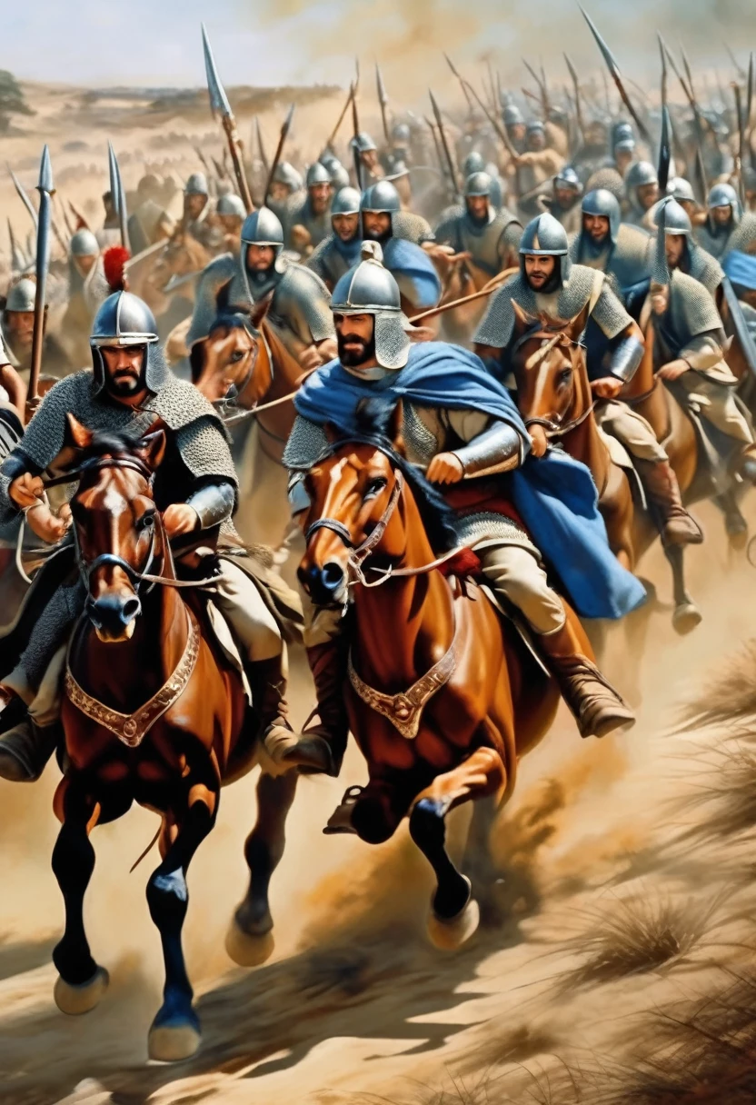 Hyper realistic war scene from biblical times, in this scenario show the defeated army retreating with a terrified expression on their faces, running away from the victorious warriors of the battle.