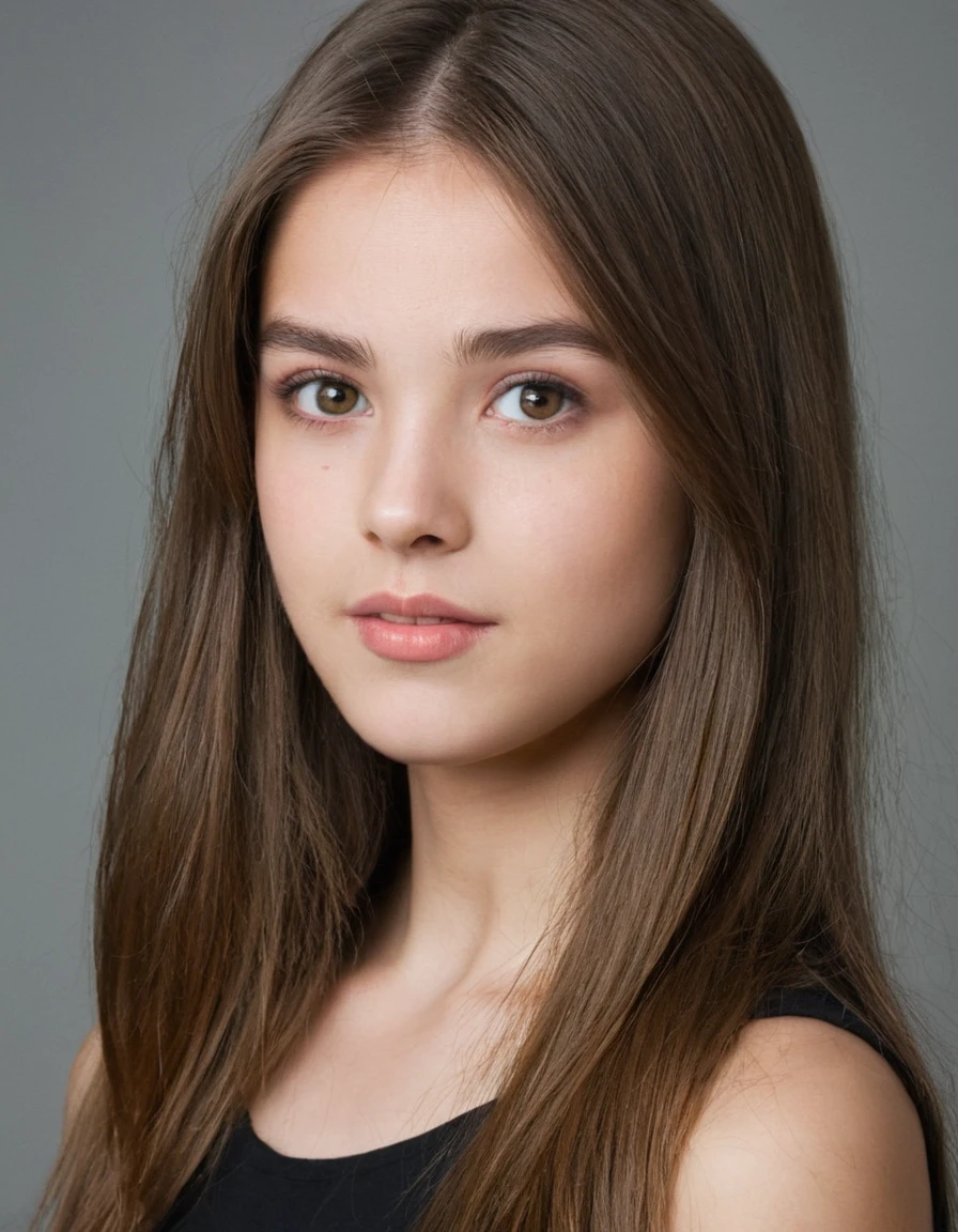 19 year old girl, pretty, very clear skin, Full mouth, long straight brown hair, styled hair, face photo, neutral facial expression, looking at the camera, realisitic