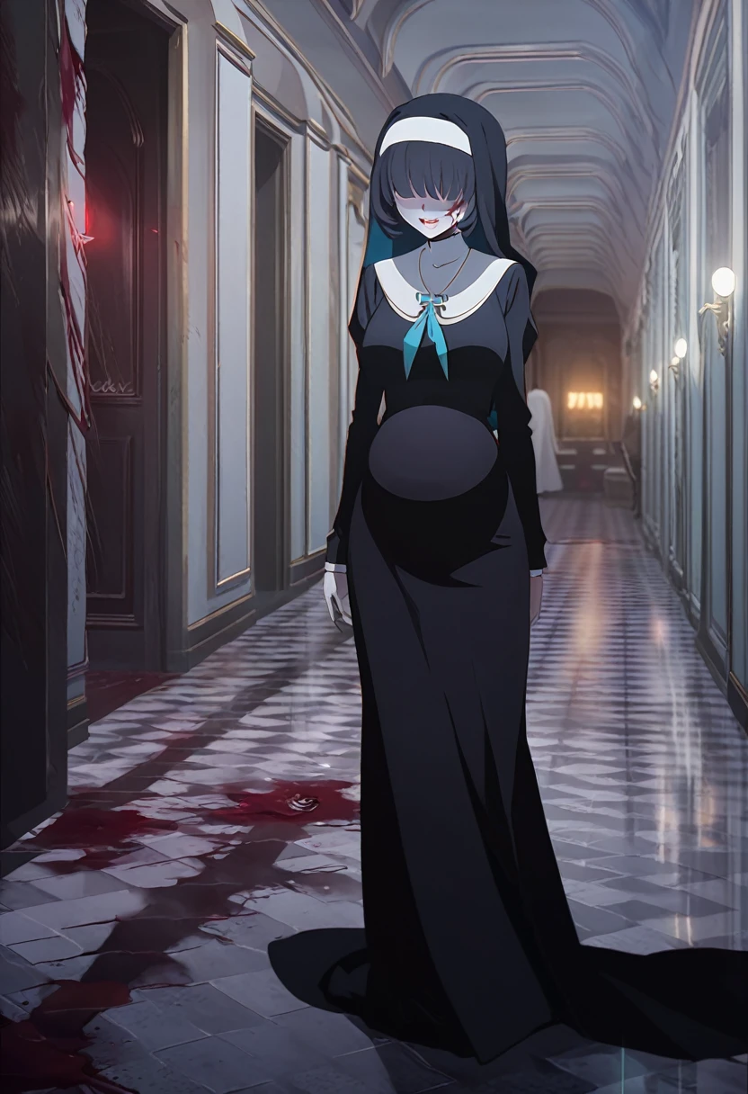 1girl, nun, cross, cross necklacke, jewelry, (black hair), (turquoise bangs), very short hair, hair over eyes, pale skin, yellow eyes, glowing eyes, black dress, house, corridor, evil smile, blood on mouth, very big belly, horror scene, (masterpiece), best quality, full body
