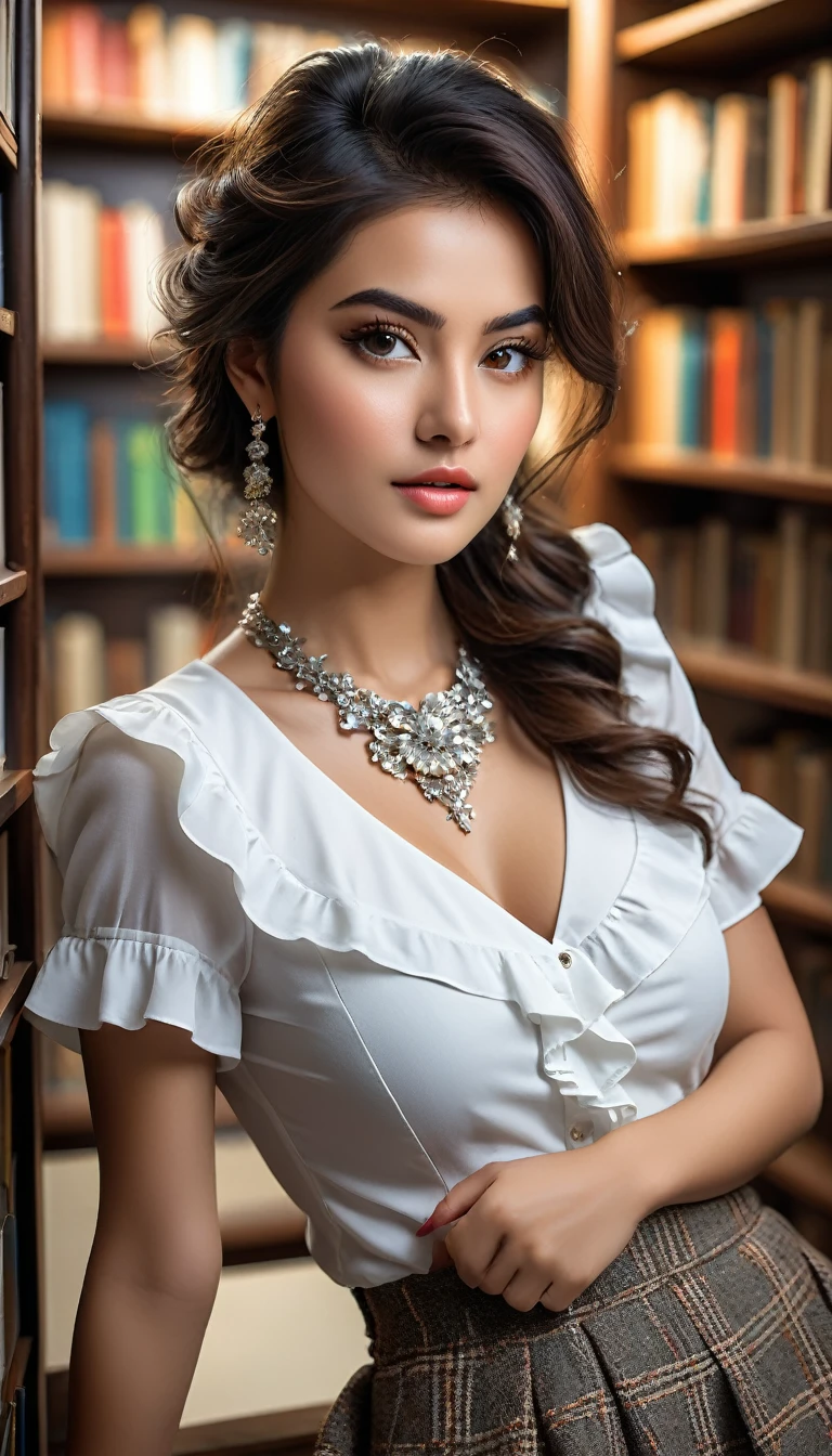(((beautiful beautiful Isabela Merced, posing for photoshots, looking sexy, ruffled lips, extremely beautiful eyes))), ((wearing floral silver necklace)), realistic photoshotgraph, highy detailed, Spitz focus, (Main lighting), (indoor bookstore environment), work of art, very short and curly hair, bangss, bangss covering forehead, extremely beautiful, Perfect beauty, (perfect shape body, Broad Hips, small waist, thick-thighs, firm abs, Body cute, sexy legs, gorgeous knees knees, kneecaps, focus on the knees, breasts small), ((30 years old)), (extremely detaild 8k wallpaper), ((face detailed)), (((wearing white shirt, saia curta de tweed, kneecaps, knees, nylons with a seam, Strad sandals)), (long dark eyelashes), (((aretes))), (looking at the camera), (((kneecaps)))) (glamor model), (seductive facial expression) (((standing between tall shelves full of books))), extremely detaild, work of art, details Intricate, highy detailed, Spitz focus, skin detailed, realistic skin texture, texture, detailedeyes, high resolution, kodak vision color, photoshot_\(ultra\), Post-processing, maximum detail, roughness, real-life, ultra realistic, photoshotrealism, photoshotgraphy, absurderes, RAW photoshot, highest quallity, high detail RAW color photoshot, professional photoshot, extremely detaild UHD 8k wallpaper unit, best qualityer, high resolution, (work of art, maximum quality, high resolution:1.4), photoshot, cinematic, Film grain, Spitz, soft natural light, magic photoshotgraphy, super verbose