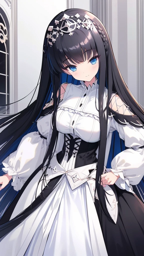 best quality, extremely detailed, anime style girl, long hair down to the waist, straight hair, dark black hair with bluish,crown braid,beautiful detailed eyes, pinched eyes, dark blue eyes, gradation eyes,huge breasts,((((white English noblewoman's clothes)))),Luxury English hats,English street,smile,walking