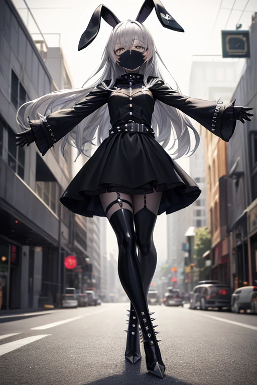 ((best quality)), ((masterpiece)), (detailed), 1 girl, Full body, 18 years old, Depressed face, Silver eyes, Arms outstretched, Arms behind waist, Metal mask covering eyes, Eyes covered, Silver hair, Long hair, Spiky hair, Bangs, Strand of hair covering eye, Full body, Tall, Small breasts, Slim body, Grey hood, Metal spikes, Grey wrist guards, Long black gloves with spikes, Grey gothic outfit, Gothic ta, Grey dress with metal spikes, Metal emblem, Tight fit, Black belt, Black stockings, Black boots, Walking through the city, Metal spikes coming out of highway, City background, Grey clothes, Superhero, Anime, Hugging a stuffed rabbit