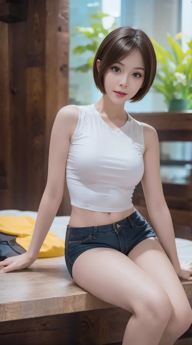 a girl in a cowboy shorts, short hair wearing a sports top, brown hair, solo, 1 girl, exterior, detailed background, extremely detailed eyes, (brown eyes), athletic shoes, best quality, 4k, 8k, highres, masterpiece:1.2, ultra-detailed, realistic, photorealistic, photo-realistic:1.37, HDR, UHD, studio lighting, ultra-fine painting, sharp focus, physically-based rendering, extreme detail description, professional, vivid colors, bokeh, portraits