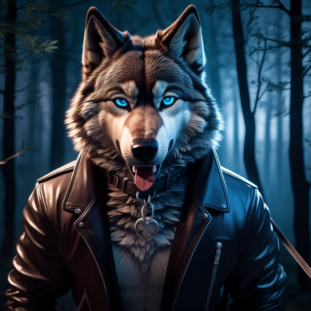 Posting, Male, 30 years old, cute, eyeliner, mouth open with tongue hanging out, black leather jacket, anthro, wolf ears, bedroom eyes (black fur:1.5), wolf, forest background, 8k, hi res, (best quality, masterpiece), (wolf tail:1.5), detailed fur, solo, night, leashing and collar, blue jeans, blue eyes,