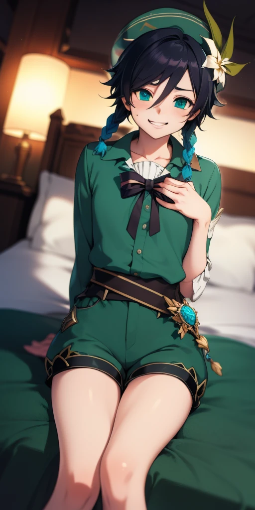 masterpiece, best quality, highly detailed, illustration, realistic, photo-realistic, absurdres, athletic, 1boy, venti (genshin impact), multicolored hair, hat, twin braids, hair between eyes, detailed eyes, , slim, young boy, teenage boy, green clothes, sleeves, thin thighs, shorts, looking at viewer, (lying on bed), (smirk), (hands behind back), Dark Fantasy background, Studio Lighting, depth of field,nsfw