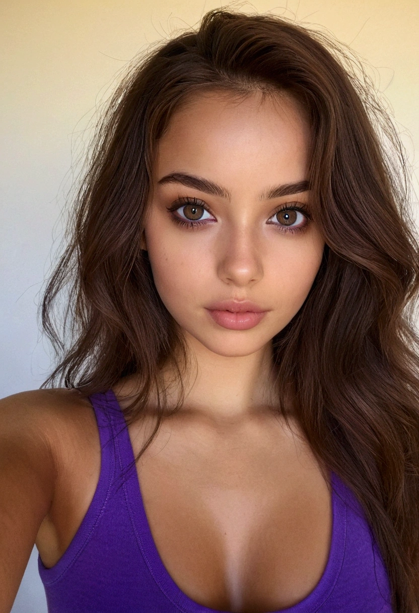 arafed, femme latina , à, vêtements noirs, fille sexy aux yeux marrons, portrait sophie mudd, cheveux bruns et grands yeux, selfie d'une jeune femme, Yeux de chambre, violette myers, sans maquillage, Maquillage naturel, regarder directement la caméra, Visage avec Artgram, Maquillage subtil, Superbe photo du corps entier, dans la chambre, clivage