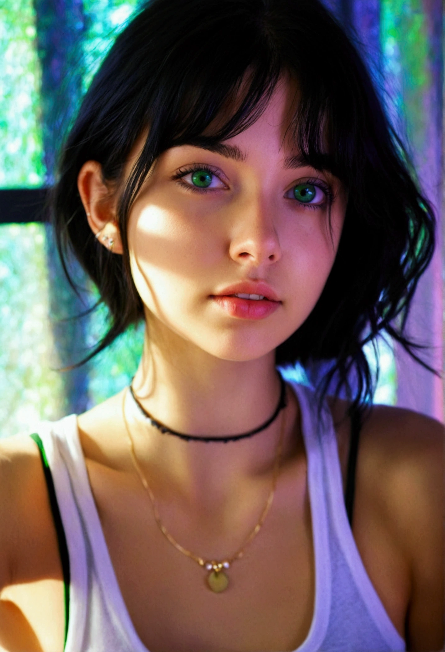 arafed woman with a white tank top and a necklace, sexy girl with green eyes, portrait sophie mudd, black hair and large eyes, selfie of a young woman, bedroom eyes, violet myers, without makeup, natural makeup, looking directly at the camera, face with artgram, subtle makeup, stunning full body shot, piercing green eyes and have a good smile real face girl look real person