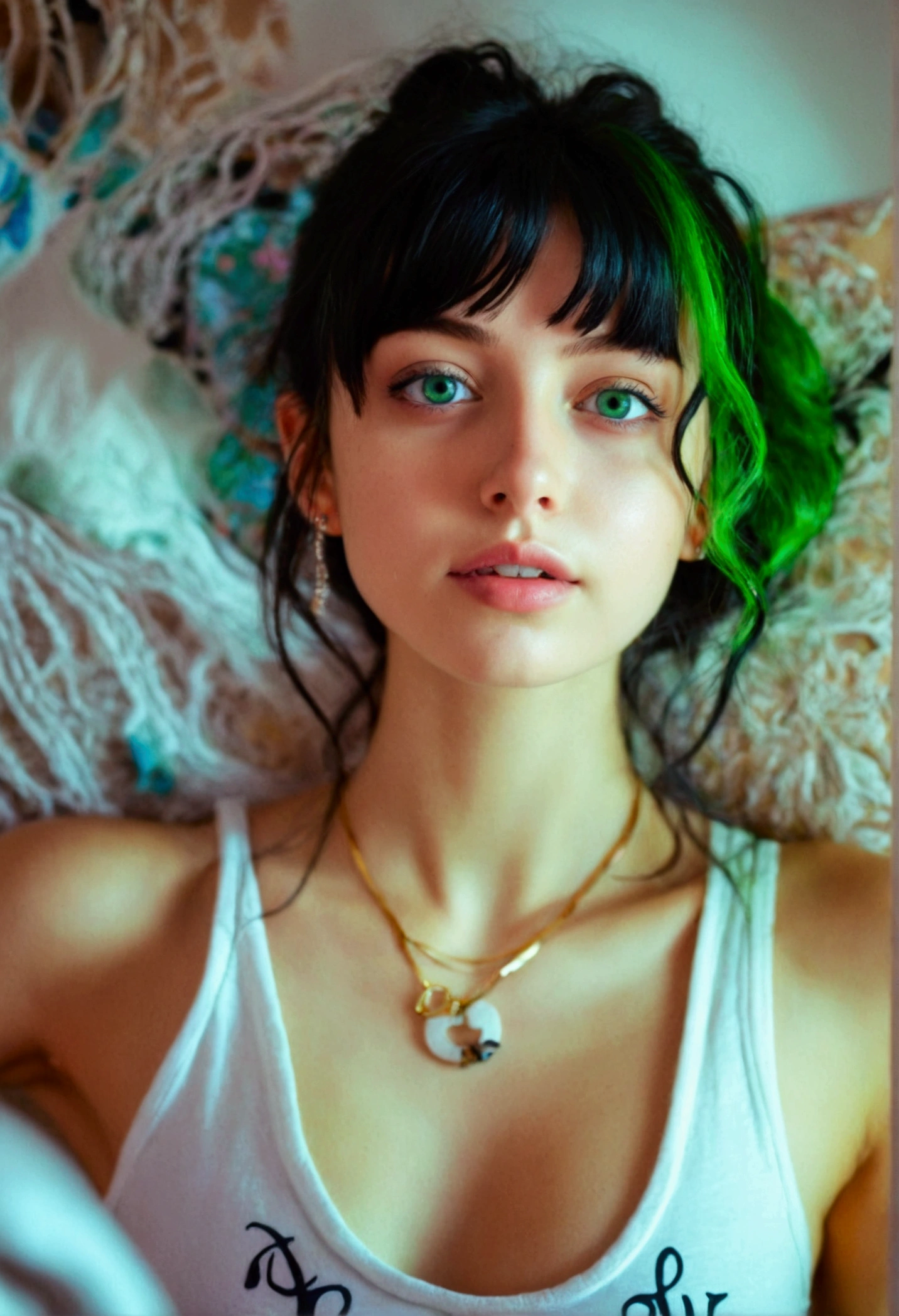 arafed woman with a white tank top and a necklace, sexy girl with green eyes, portrait sophie mudd, black hair and large eyes, selfie of a young woman, bedroom eyes, violet myers, without makeup, natural makeup, looking directly at the camera, face with artgram, subtle makeup, stunning full body shot, piercing green eyes and have a good smile real face girl look real person
