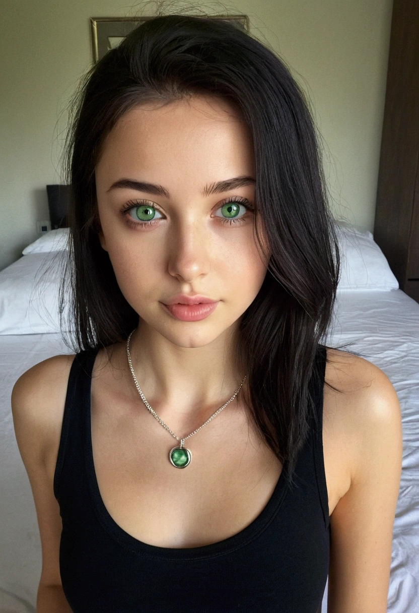 arafed woman with a white tank top and a necklace, sexy girl with green eyes, portrait sophie mudd, black hair and large eyes, selfie of a young woman, bedroom eyes, violet myers, without makeup, natural makeup, looking directly at the camera, face with artgram, subtle makeup, stunning full body shot, piercing green eyes and have a good smile real face girl look real person
