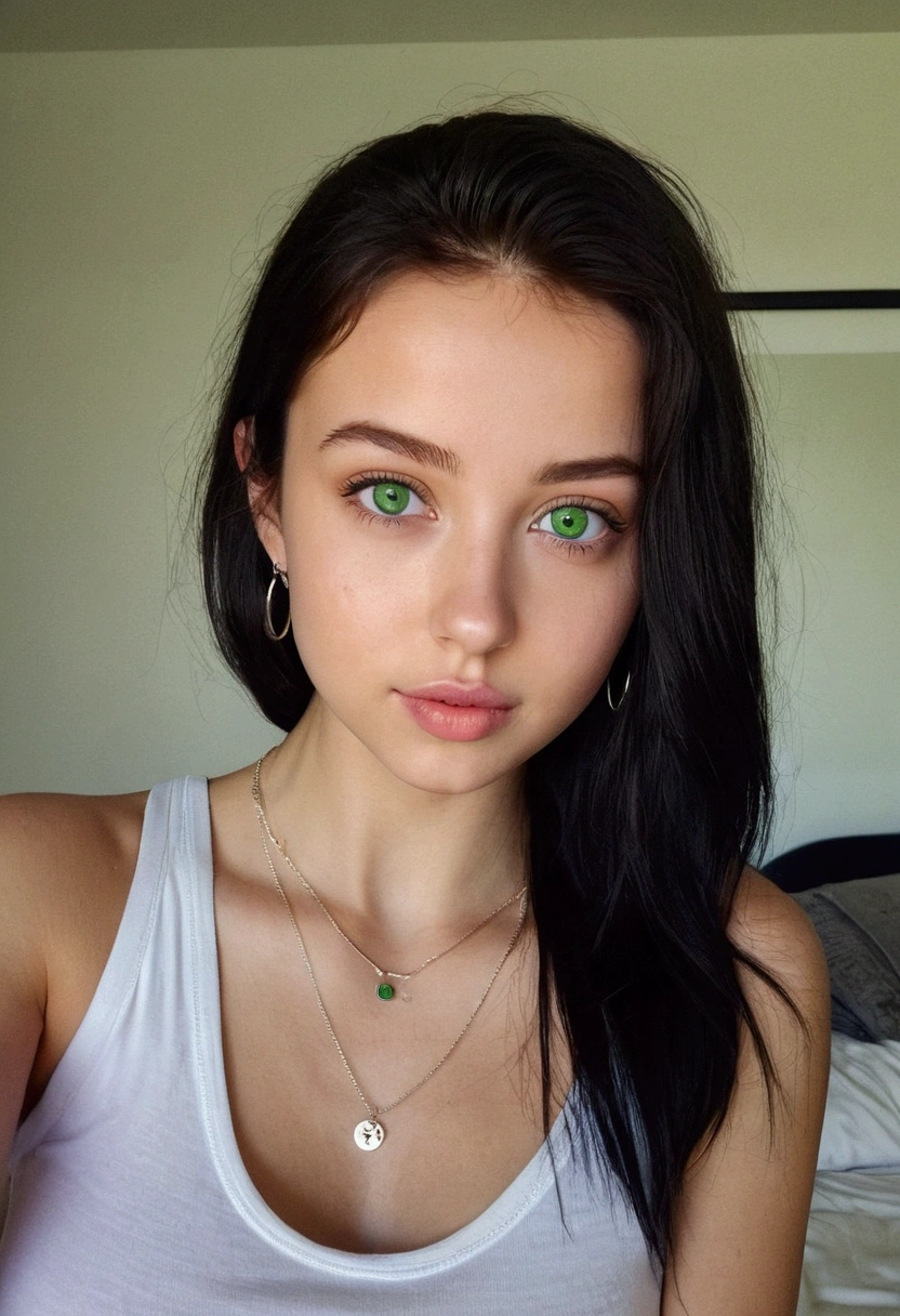 arafed woman with a white tank top and a necklace, sexy girl with green eyes, portrait sophie mudd, black hair and large eyes, selfie of a young woman, bedroom eyes, violet myers, without makeup, natural makeup, looking directly at the camera, face with artgram, subtle makeup, stunning full body shot, piercing green eyes and have a good smile real face girl look real person