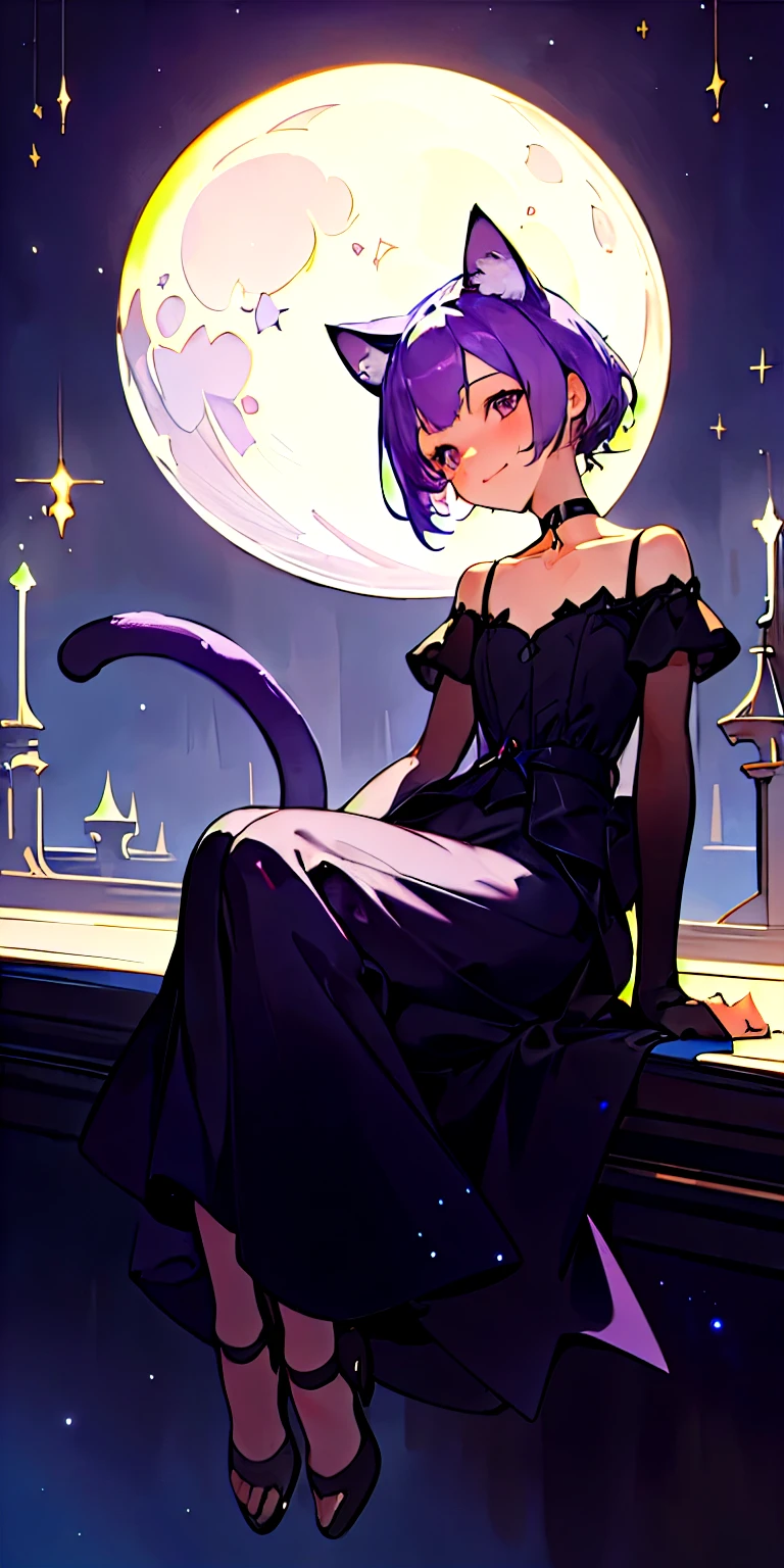best quality, masterpiece, highly detailed, fantasy, dreamy, 1girl, short lavender purple hair, cat ears, black dress, black choker, sitting on a windowsill, subtle smile, soft lighting, full body, cute ginger cat, moon, stars, moonlight