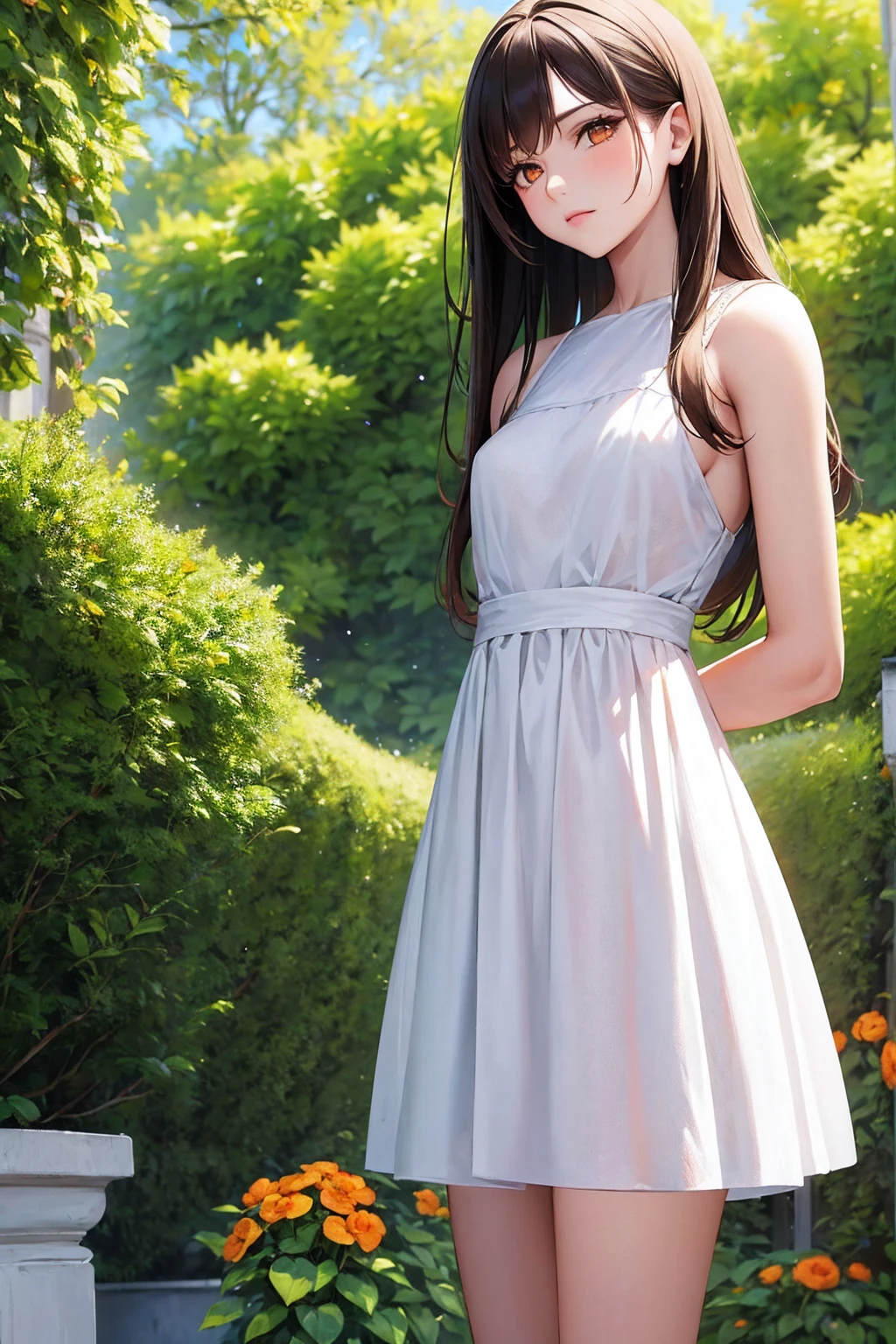 Masterpiece,stunning realistic, best quality, sharpness, 1 girl,,shoulder length hair,brown hair,(straight hair:1),orange eyes,(arms behind back:1),standing in a garden,white and black summerdress,