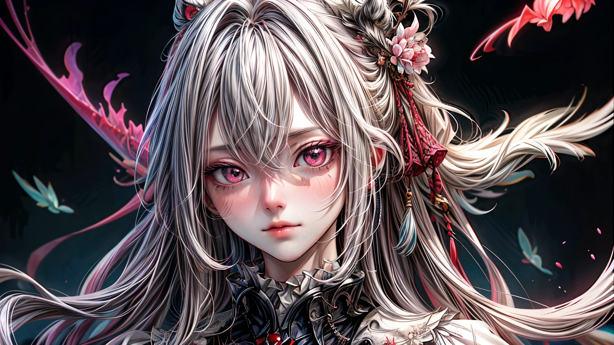 idoly，tmasterpiece，top-quality，Beautiful face，Absurdity，（Close-up of the head，White frilled mini skirt，White collar，White frilled cuffs，particle effect：1.5），（ssmile：1.5），（white color hair，A few strands of red hair，Red-pink eyes：1.7），dual horsetail，Jellyfish head，Sharp focus，Realistic and detailed，A high resolution，best detail，hyper-high detail，Facial and eye details，Sharp pupils，Realistic pupils，Sharp focus，Smooth skin，（blooms，Halo：1.4），（dark studio，deep dark background：1.5），Edge lighting，Dynamic, dramatic lighting，HDR，8k