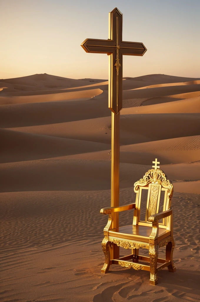 create a shiny, golden throne and a wooden cross next to it ,with barbs , united and beautiful, 8k image, with a panorama in the desert, Windy