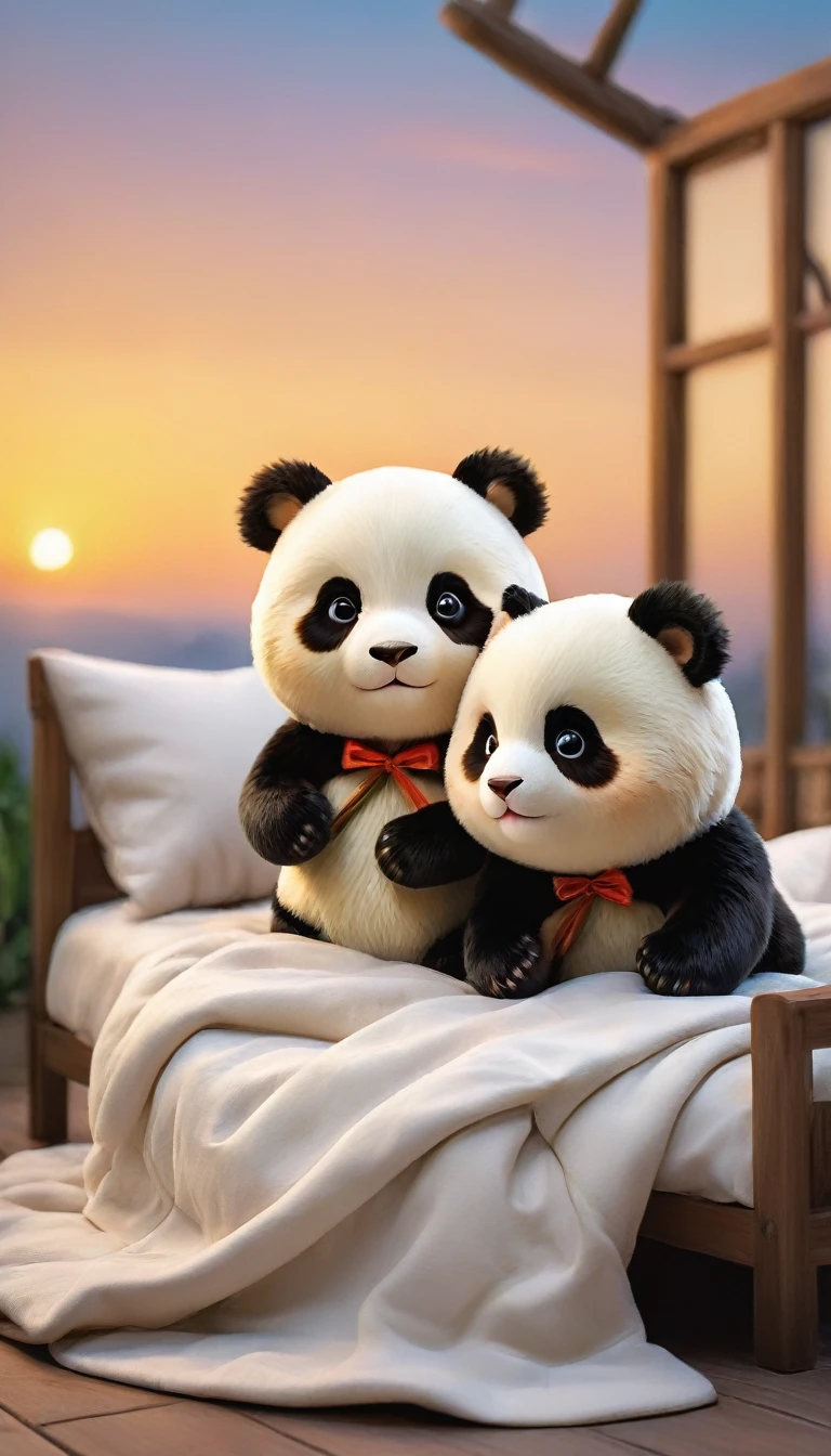 With the sunset in the background,(masterpiece:1.2, high quality), Two baby pandas sleeping together in bed、