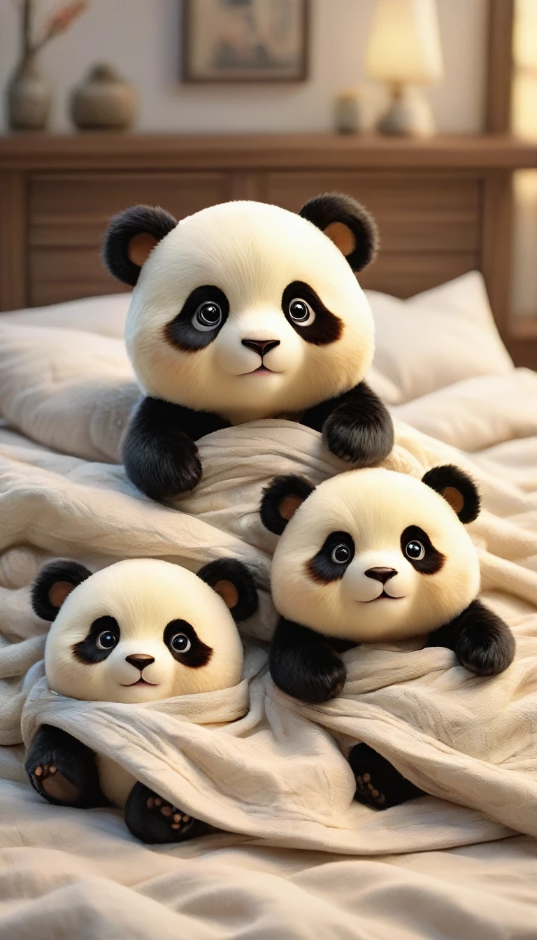With the sunset in the background,(masterpiece:1.2, high quality), Two baby pandas sleeping together in bed、