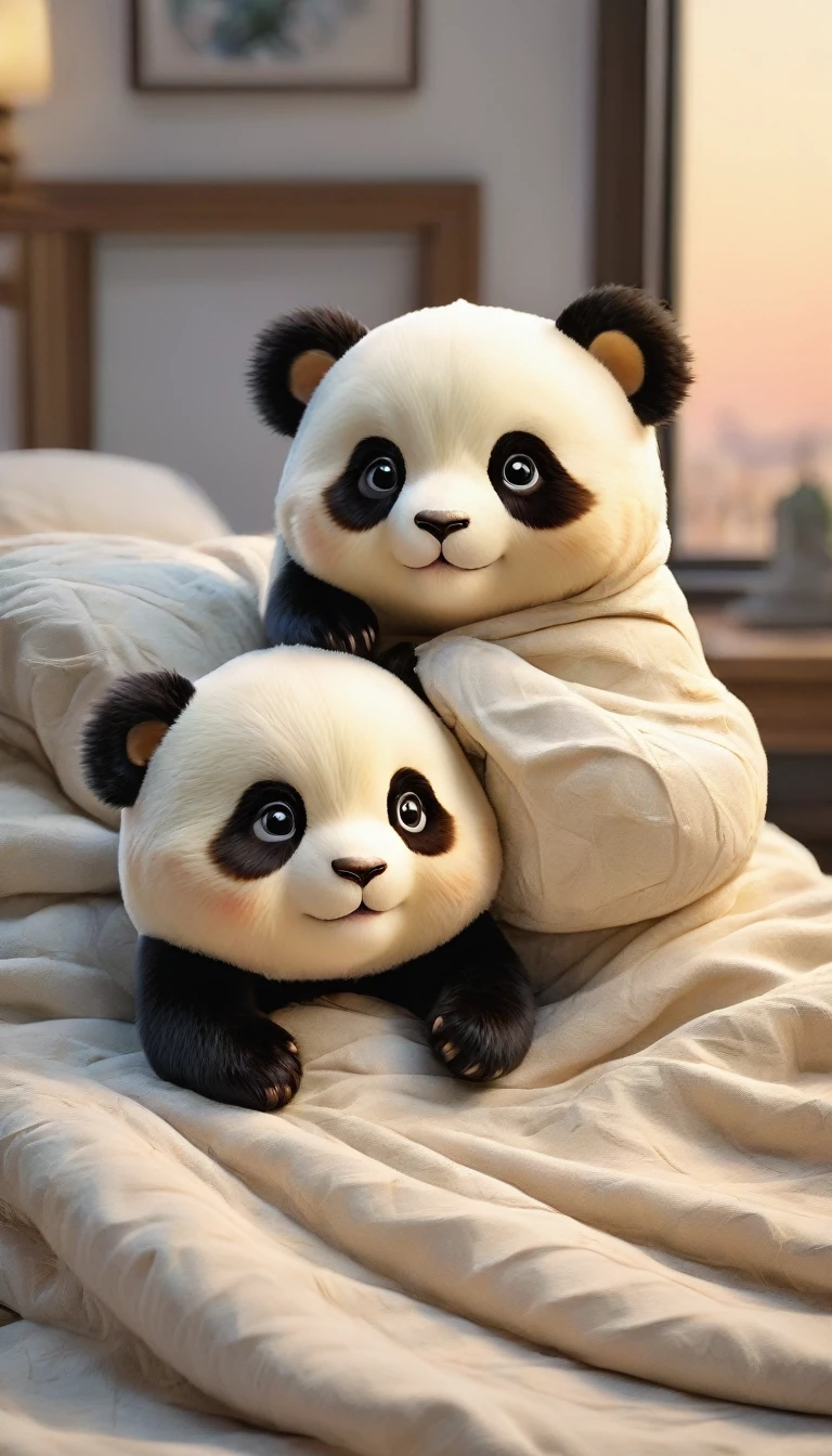 With the sunset in the background,(masterpiece:1.2, high quality), Two baby pandas sleeping together in bed、
