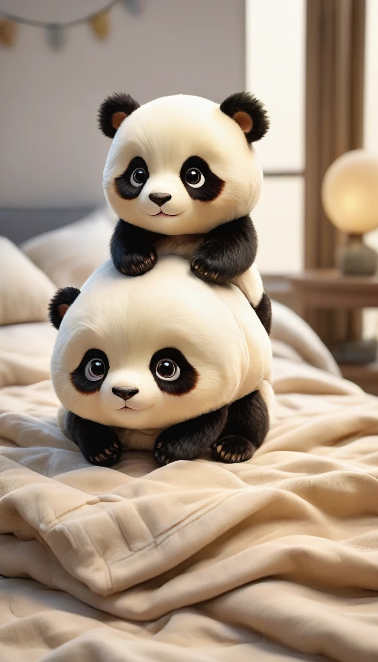 With the sunset in the background,(masterpiece:1.2, high quality), Two baby pandas sleeping together in bed、