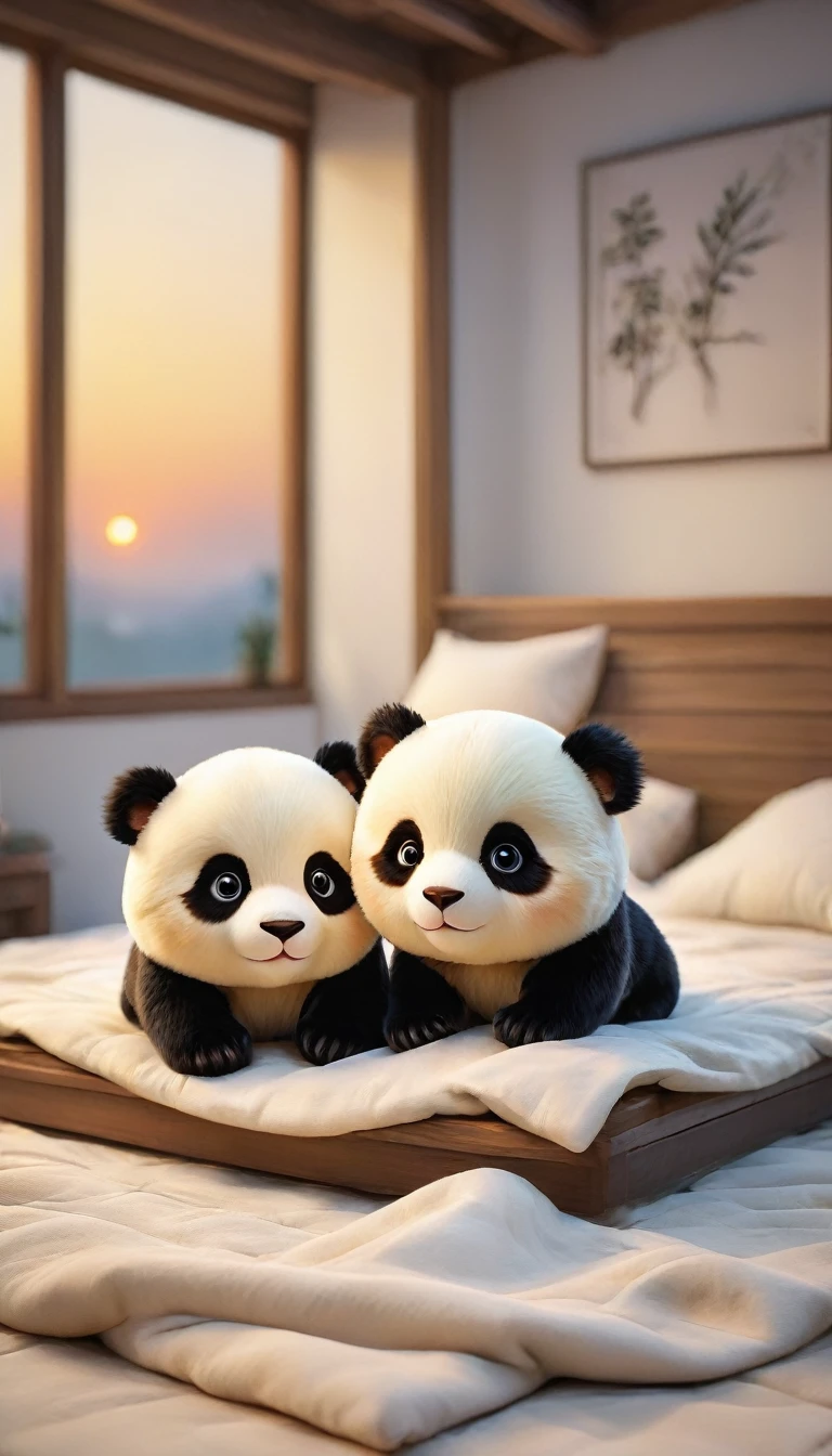 With the sunset in the background,(masterpiece:1.2, high quality), Two baby pandas sleeping together in bed、