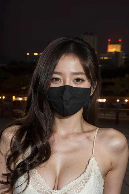 Night view of Beijing，1 Girl, stylish hair, Very curly hair, delicate eyes, With a mask, Side Light, Sweating