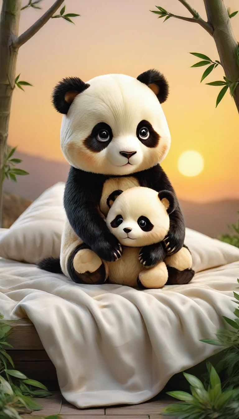 With the sunset in the background,(masterpiece:1.2, high quality), Two baby pandas sleeping together in bed、