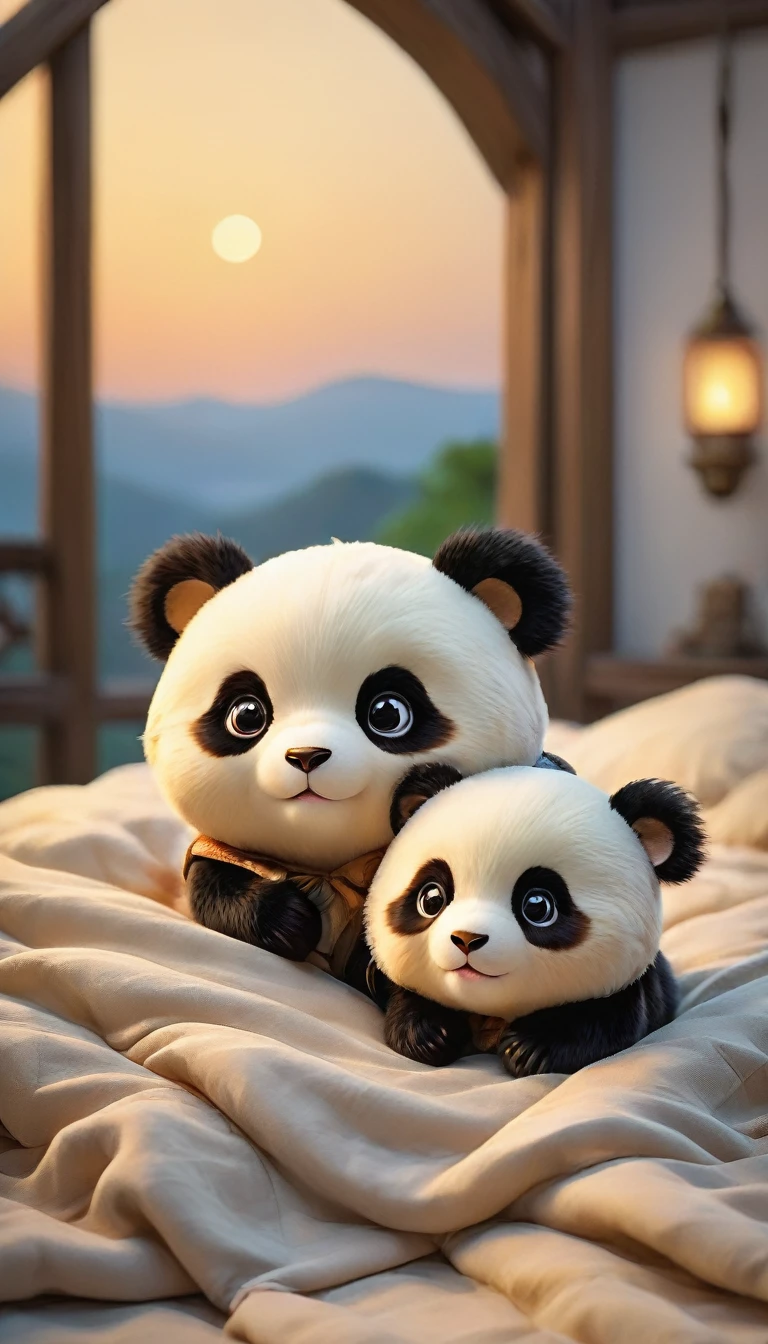 With the sunset in the background,(masterpiece:1.2, high quality), Two baby pandas sleeping together in bed、