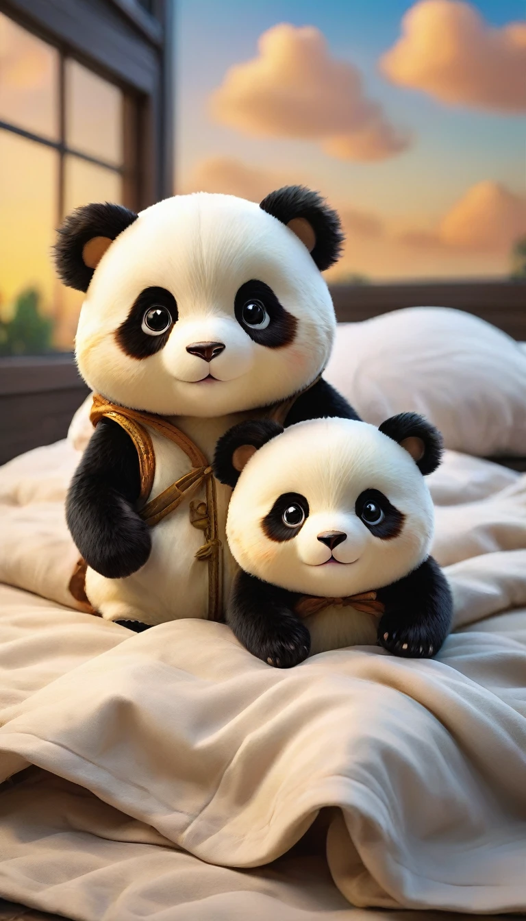 With the sunset in the background,(masterpiece:1.2, high quality), Two baby pandas sleeping together in bed、
