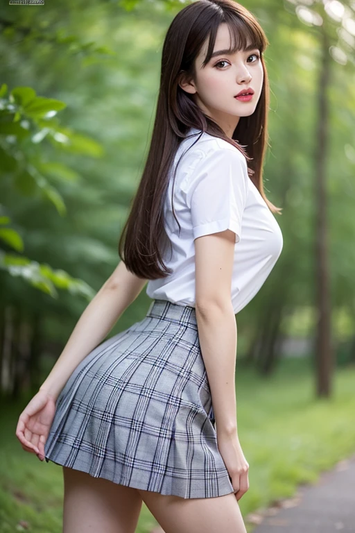 nsfw, 8K raw photo, Best quality, masterpiece, ultra high res, film grain, filmg, 1girl, looking at viewer, natural skin texture, realistic eye and face details, full lips, lipstick, (makeup), red eyeshadow, straight long hair, bangs, long side bangs, messy hair, smile, close mouth, beautiful legs, tall female, skinny, slim_legs, solo, enormous breast, cleavage, Pose with buttocks facing you, ultra short skirt, ass, shirt, beautiful nature location, around flower location, (detailed background), plaid skirt, white shirt, enormous breast, cleavage, Show a little cleavage through the shirt, loafers, blurry background, blurry, holding, plaid, short sleeves, jk ribbon on the neck, jk ribbon, brown hair, bracelet, water, bangs, , jewelry, parted lips, lips, from side, pleated skirt, depth of field