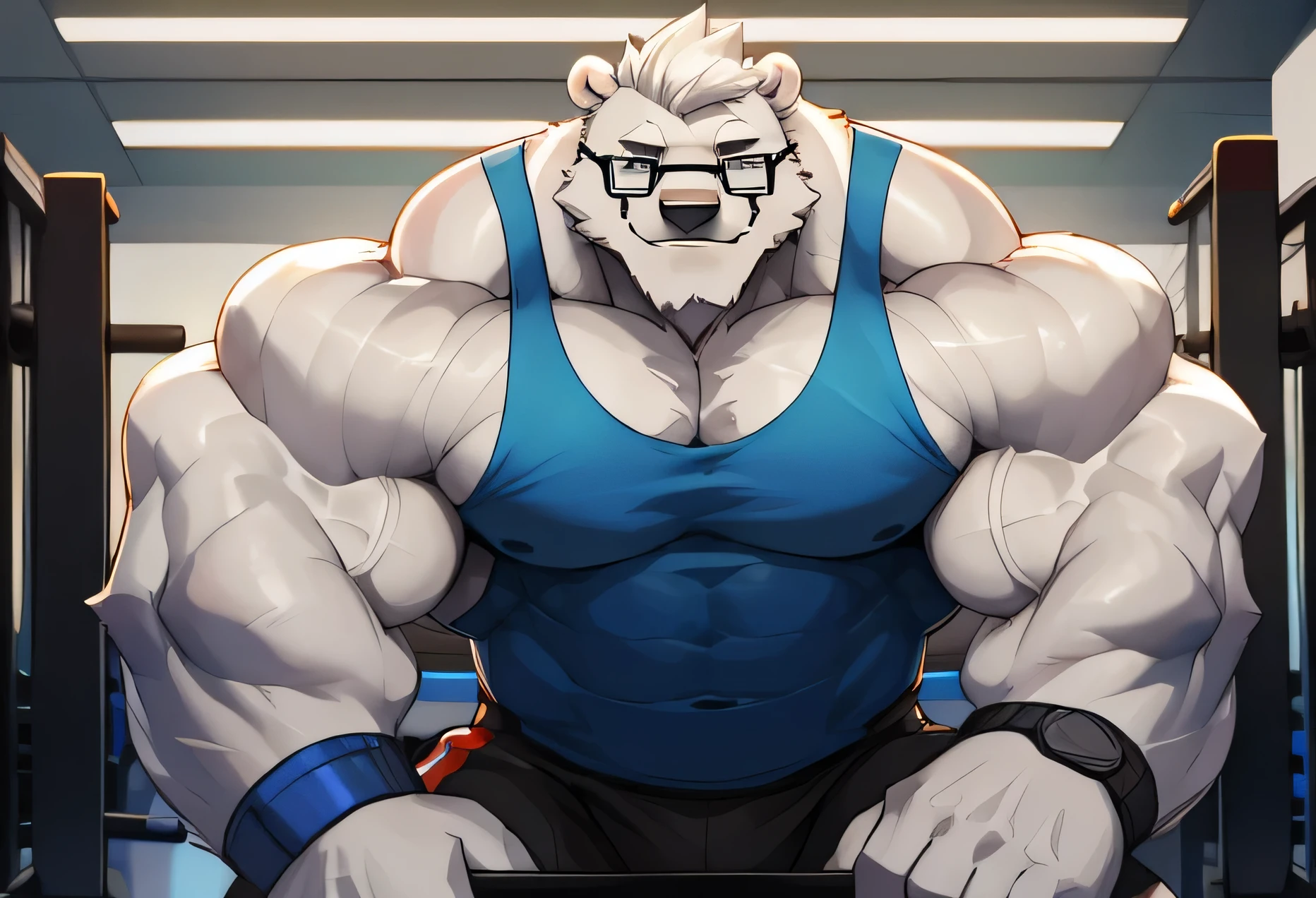 solo, 1boy, Huge Muscular White Polar Bear wearing glasses, huge white fur, pectoral, huge pectoral, wide pectoral, short white hair, blue colored short pants, blue colored wristbands and blue colored tank top, white bearded, white Mustache, white fur, black eyebrows, gym fitness center background, masterpiece, high detailed, 8k, high resolution, at the gym, flexes huge thorax, looking at the viewer, acting all hunk