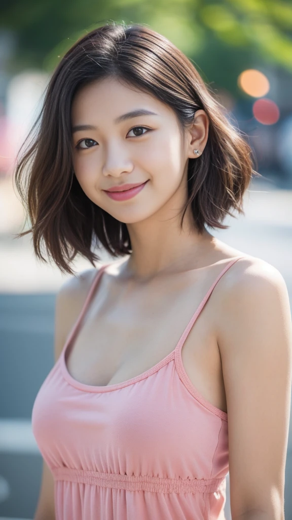 RAW Photos、masterpiece、Highest quality、Realistic、超High resolution、High resolution、16k wallpaper、Very detailed、The finer details、Cinema Lighting、In front of a tile wall、18-year-old female、Realistic Skin、((Dark Eyes))、A shy smile、(Medium Short Hair)、Grey dress、Yoshitomo Nara, shikamimi, Chiho, mayuri shiina, A real young gravure idol, beast, , Kotegawa Yui, 8k、narumi kakinouchi