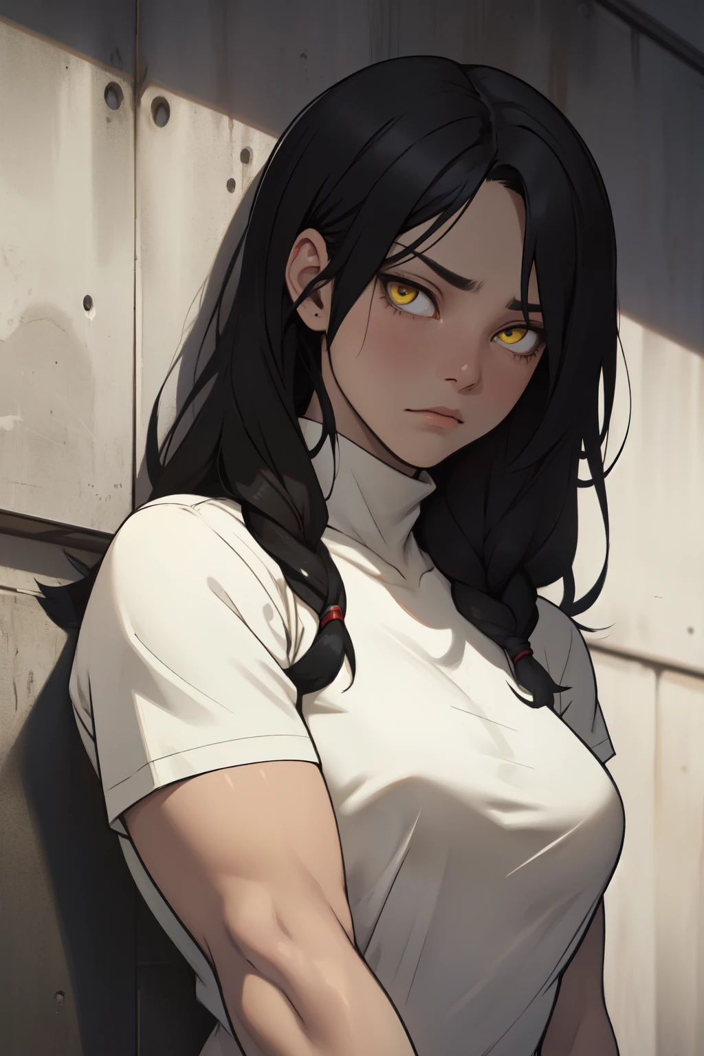 slender girl thick thick thick muscular girl black hair yellow eyes pale skin sad girl expressionless sad