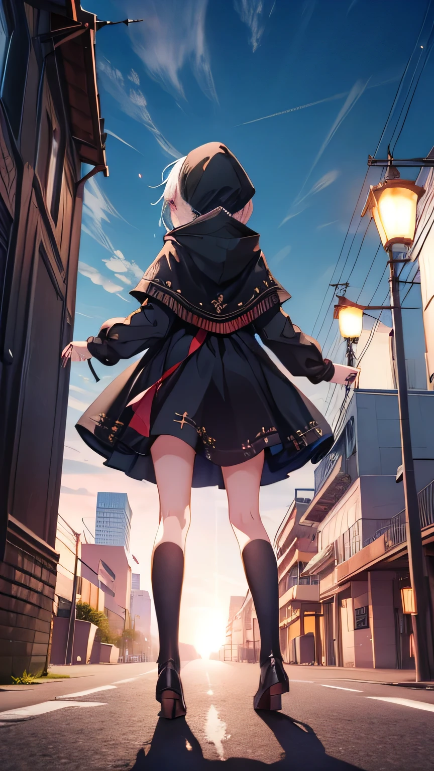 (Very detailed CG Unity 8K 壁紙),(masterpiece), (Highest quality), (Very detailed), (Best illustrations),(Best Shadow),1 Girl、Angle from behind、Surrounded by a beautiful aura、Standing with your legs apart、On top of a building、Wearing a hood