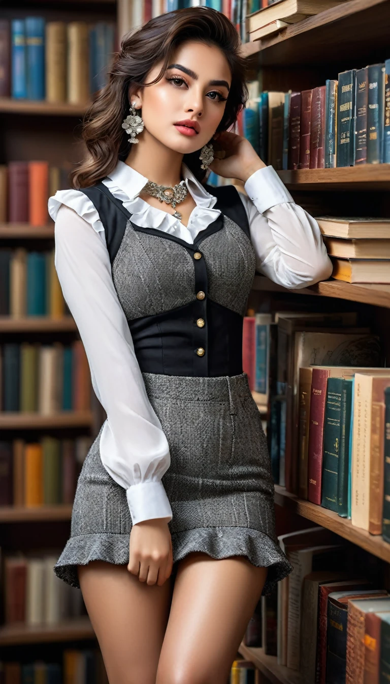 (((beautiful beautiful Isabela Merced, posing for photoshots, looking sexy, ruffled lips, extremely beautiful eyes))), ((wearing floral silver necklace)), realistic photoshotgraph, highy detailed, Spitz focus, (Main lighting), (indoor bookstore environment), work of art, very short and curly hair, bangss, bangss covering forehead, extremely beautiful, Perfect beauty, (perfect shape body, Broad Hips, small waist, thick-thighs, firm abs, Body cute, sexy legs, gorgeous knees knees, kneecaps, focus on the knees, breasts small), ((30 years old)), (extremely detaild 8k wallpaper), ((face detailed)), (((wearing  white shirt, saia curta de tweed, kneecaps, knees, nylons with a seam, Strad sandals)), (long dark eyelashes), (((aretes))), (looking at the camera), (((kneecaps)))) (glamor model), (seductive facial expression) (((standing between tall shelves full of books))), extremely detaild, work of art, details Intricate, highy detailed, Spitz focus, skin detailed, realistic skin texture, texture, detailedeyes, high resolution, kodak vision color, photoshot_\(ultra\), Post-processing, maximum detail, roughness, real-life, ultra realistic, photoshotrealism, photoshotgraphy, absurderes, RAW photoshot, highest quallity, high detail RAW color photoshot, professional photoshot, extremely detaild UHD 8k wallpaper unit, best qualityer, high resolution, (work of art, maximum quality, high resolution:1.4), photoshot, cinematic, Film grain, Spitz, soft natural light, magic photoshotgraphy, super verbose