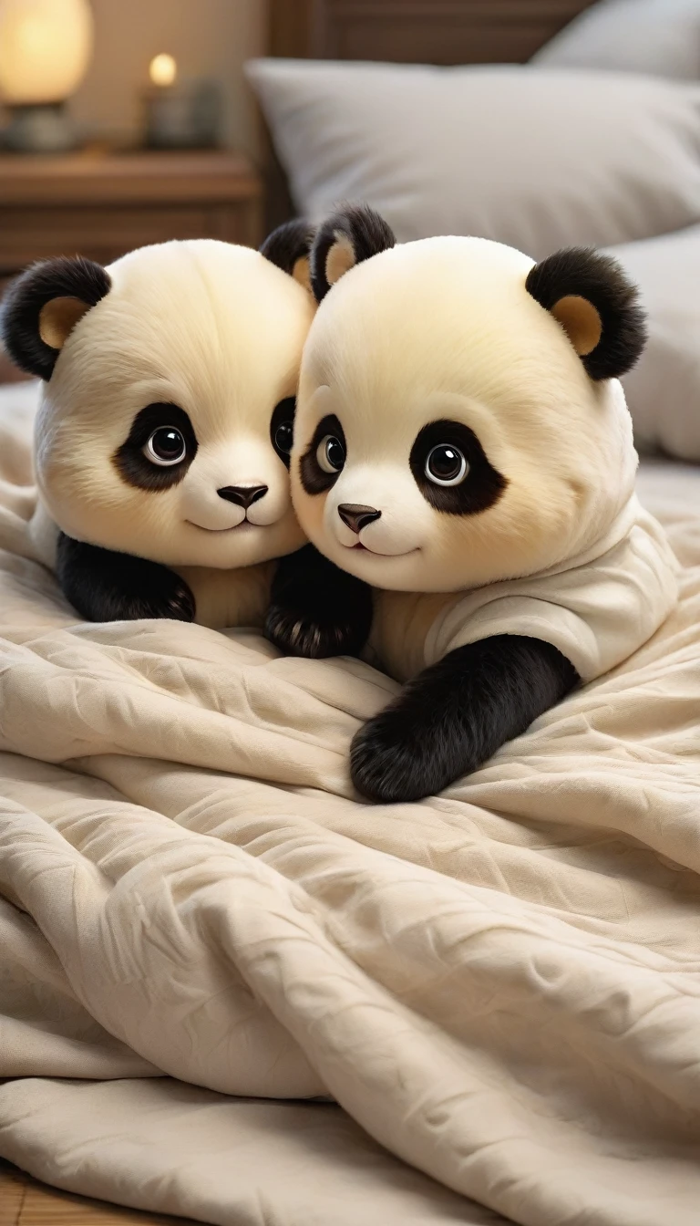 With the sunset in the background,(masterpiece:1.2, high quality), Two baby pandas sleeping together in bed、