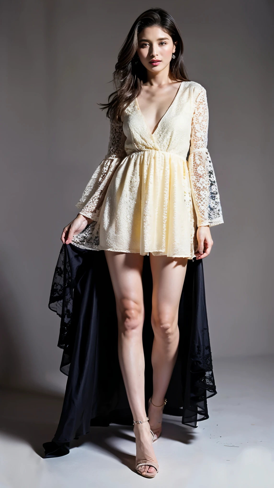 Highest quality,masterpiece,Ultra-high resolution,(Actual:1.4),Original photo,Ultra-high resolution，8K，There are also women，Fair skin、Transparent white lace mini dress，High heels，Long legs:1.5，Bright and beautiful，high waist，Flashy makeup using red eyeshadow，Gray background，