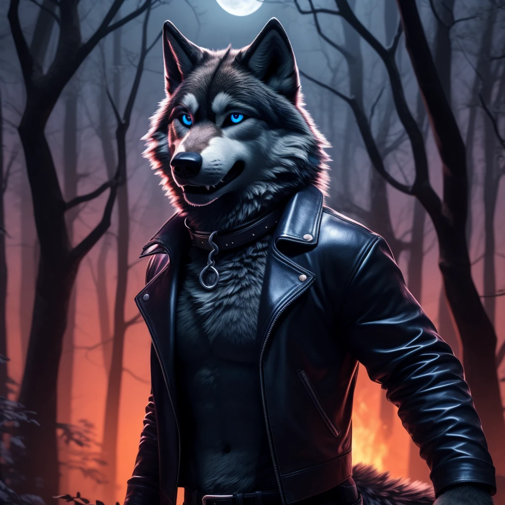 Posting, Male, 30 years old, cute, eyeliner, evil grin, black leather jacket, anthro, wolf ears, bedroom eyes (black fur:1.5), wolf, forest background, 8k, hi res, (best quality, masterpiece), (wolf tail:1.5), detailed fur, solo, night, leashing and collar, blue jeans, blue eyes,