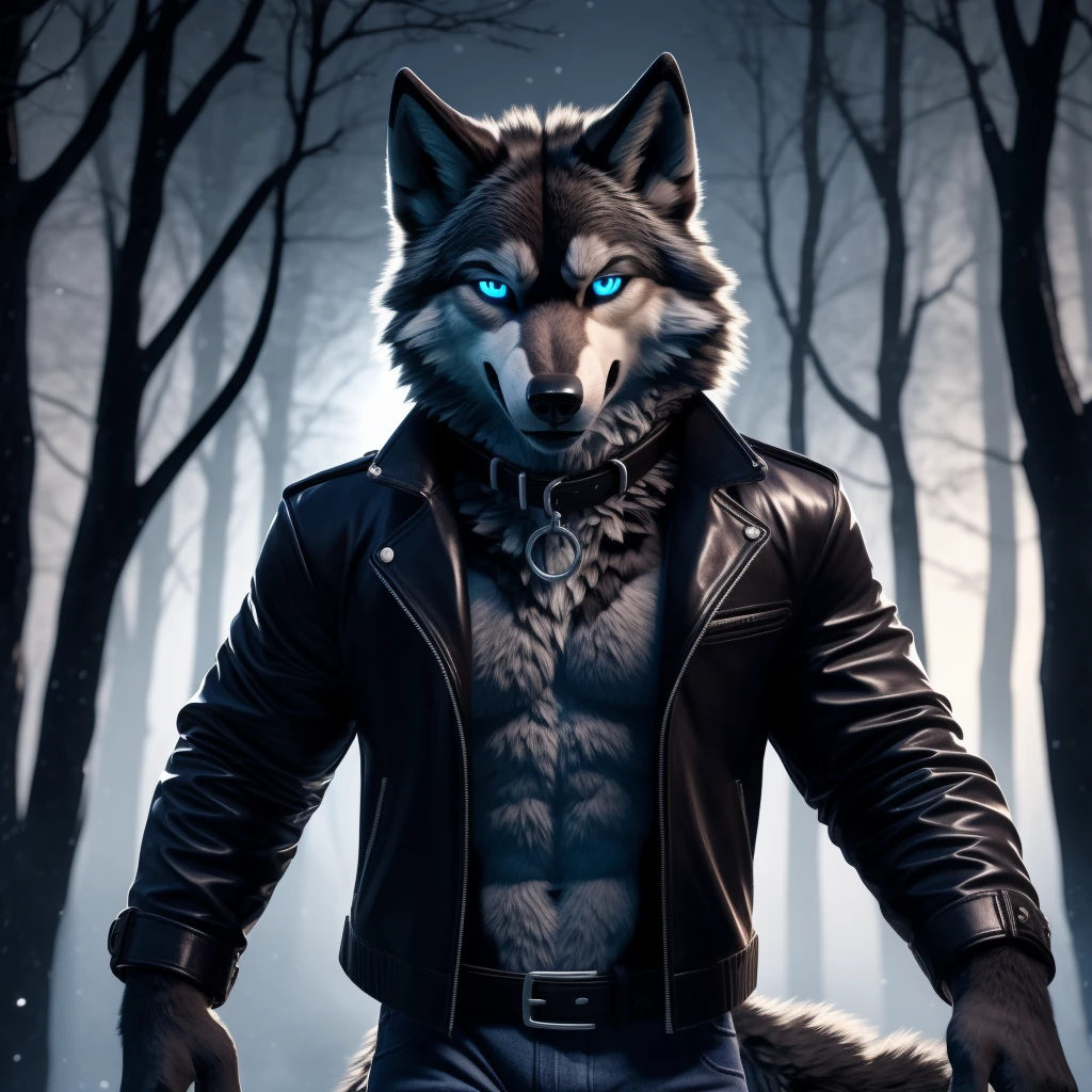 Posting, Male, 30 years old, cute, eyeliner, evil grin, black leather jacket, anthro, wolf ears, bedroom eyes (black fur:1.5), wolf, forest background, 8k, hi res, (best quality, masterpiece), (wolf tail:1.5), detailed fur, solo, night, leashing and collar, blue jeans, blue eyes,