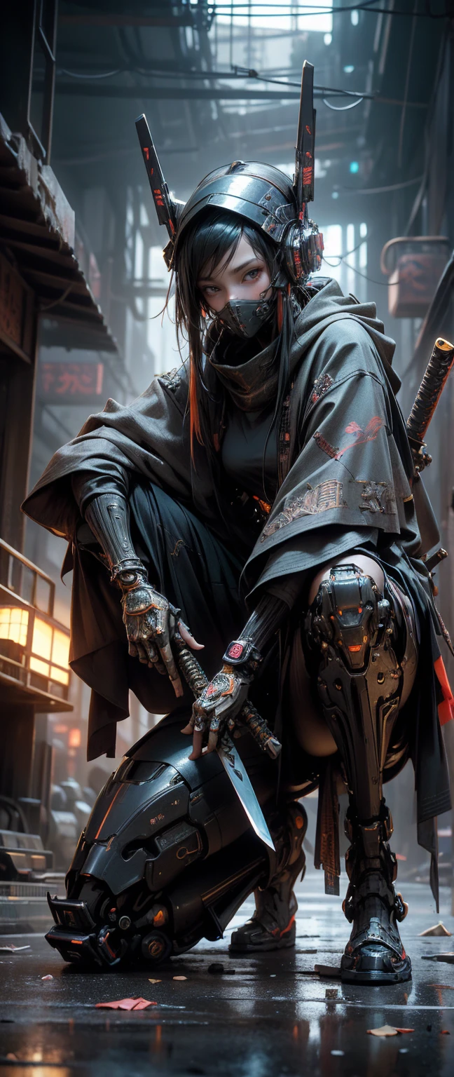 A nomadic robot, in the desert, wearing a disheveled shawl, holding a staff, wearing a large metal hat, rough, rusty, dusty body, thin frame, tall, cyberpunk, Cyborg., Session surreal version of a woman kneeling down on one leg holding a sword in her hand, very beautiful cyberpunk samurai, anime cyberpunk art, cyberpunk samurai, cyberpunk anime art, cyberpunk anime, cgsociety 9, technical cyberpunk anime art number, style of maciej kuciara.1girl, samurai armor, devil mask helmet, intricate, detailed ornaments, cool colors, metallic, Egyptian details, extremely intricate details, luster realistic lighting, trends in cgs society, glowing eyes, facing camera, neon details, surreal details, full body portrait, Japanese atmosphere, global illumination, shadows, rendering octane, 8k, super sharp. cool lolita.