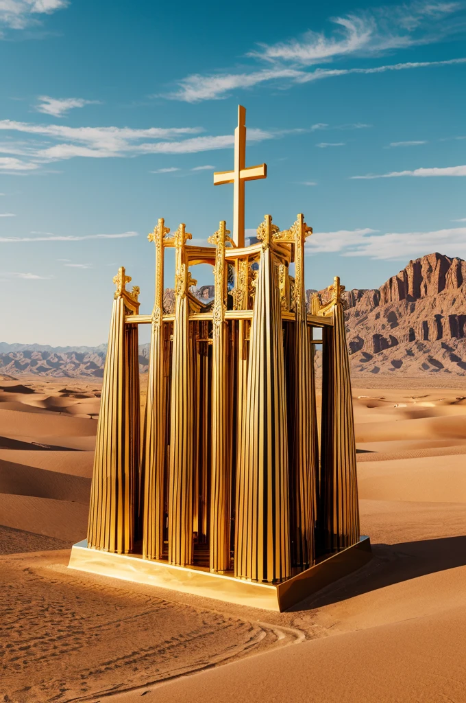 create a big, shiny, golden throne and a wooden cross next to it ,with barbs , united and beautiful, 8k image, with a panorama in the great desert, Windy